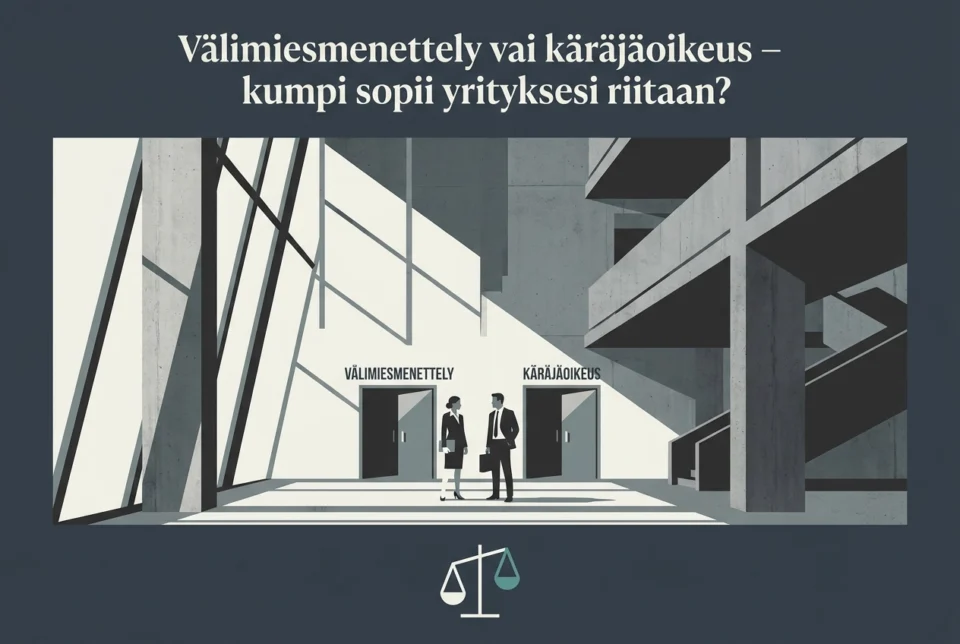 Välimiesmenettely vai käräjäoikeus kumpi sopii yrityksesi riitaan - välimiesmenettely vai käräjäoikeus Guide • BOWA Legal Professional header image for comparison analysis: Välimiesmenettely vai käräjäoikeus – kumpi sopii yritykse...